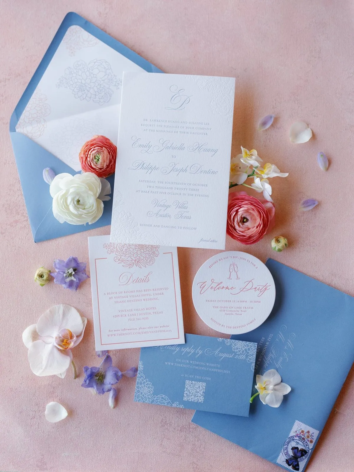Huang–Dentino addressed envelope with a butterfly stamp, shown with the full invitation system