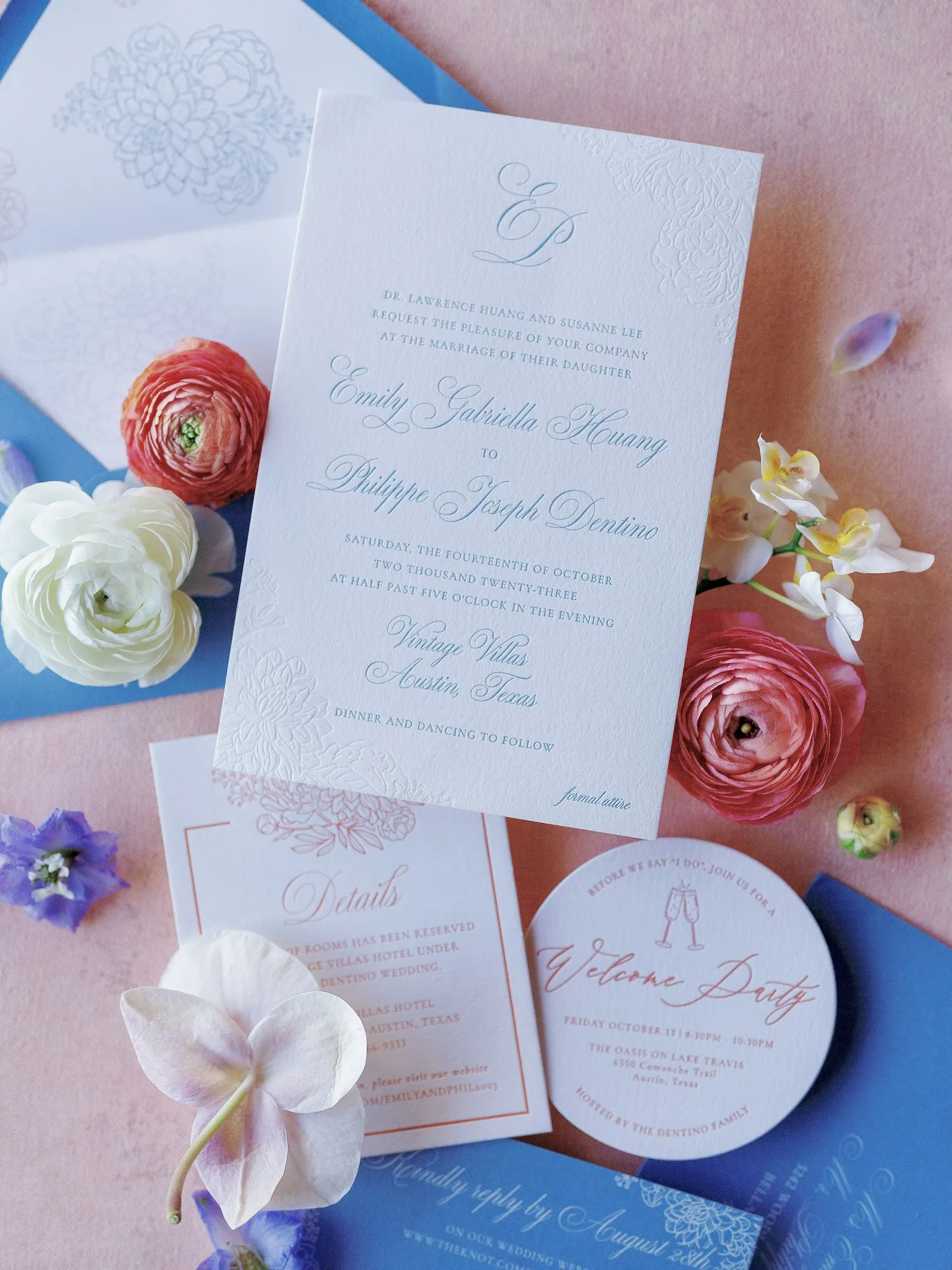 Huang–Dentino cornflower envelope with a line-drawn floral liner, shown with the letterpress invitation, Austin, TX