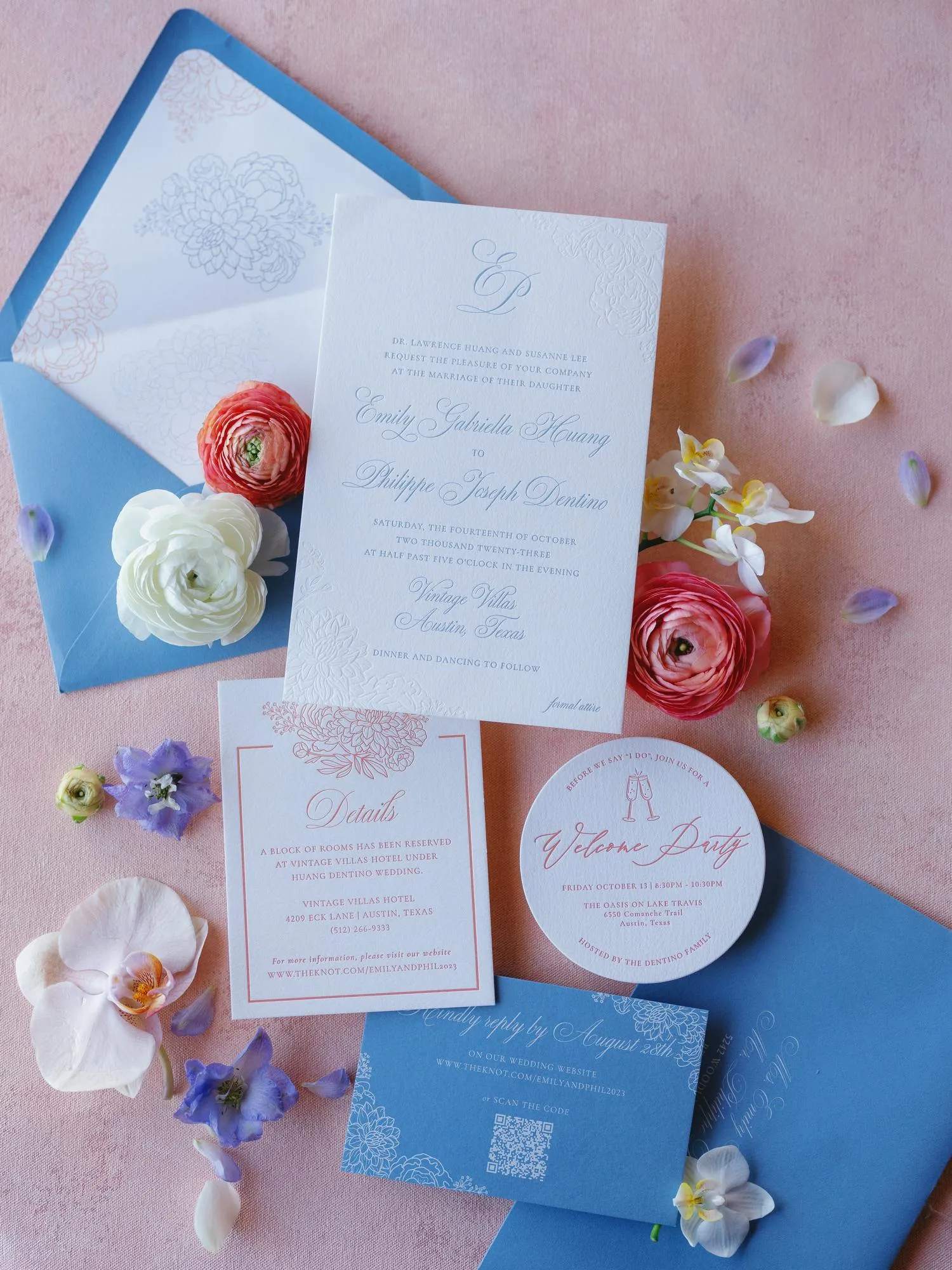 Huang–Dentino suite: periwinkle invitation system with welcome card, Austin, TX