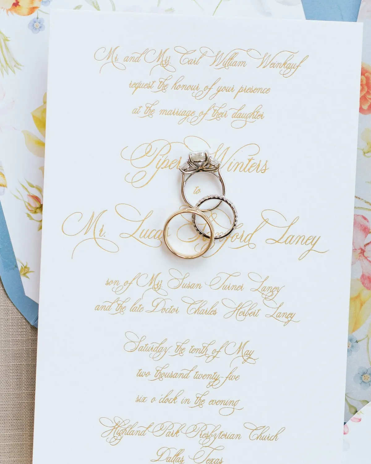 Laney invitation set entirely in gold calligraphic script, Dallas, TX