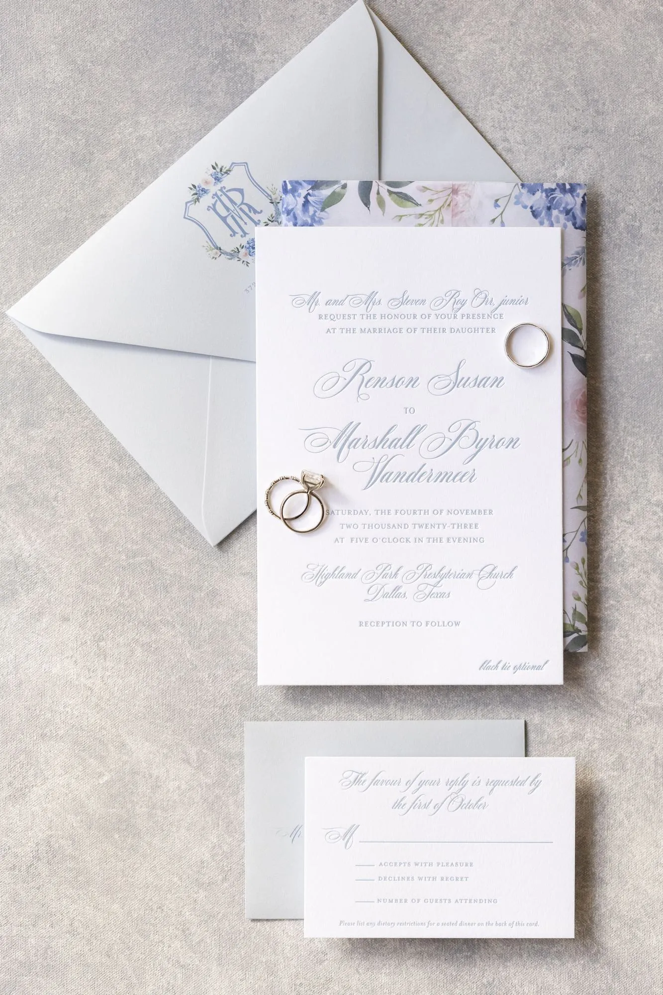 Orr suite: soft blue floral invitation system with crest liner, Dallas, TX