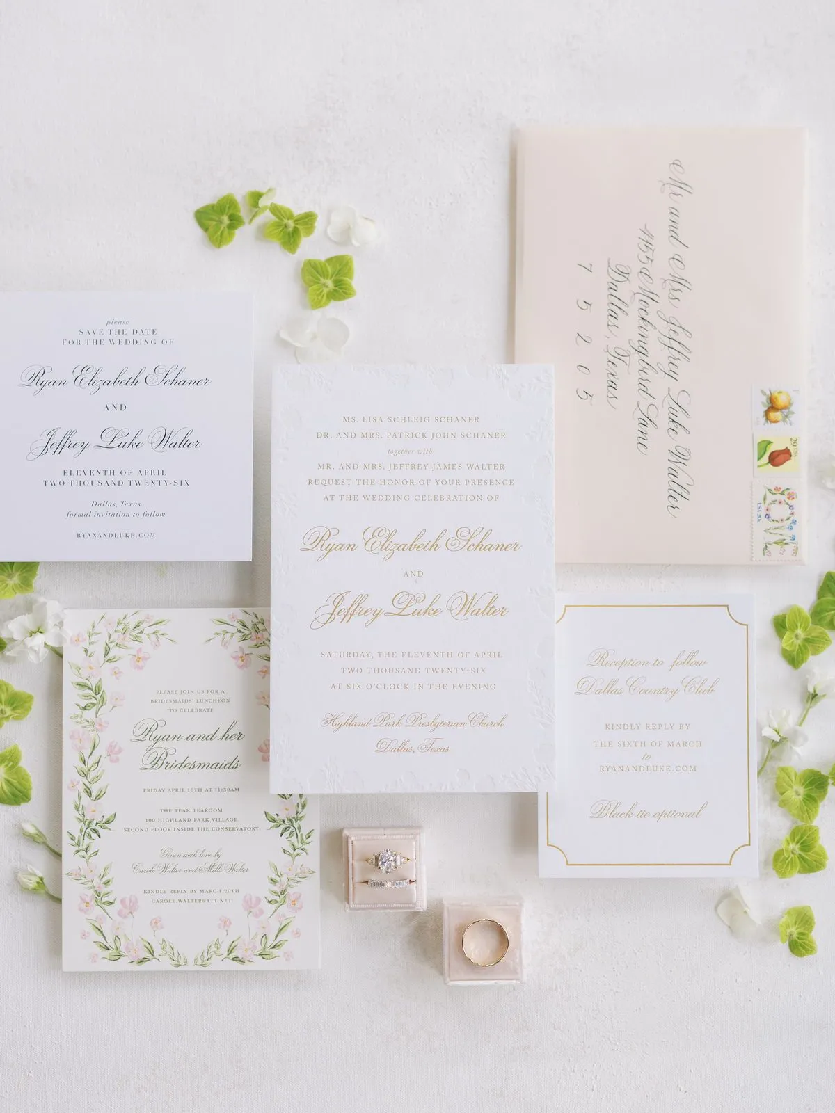Walter suite system flat lay: ivory letterpress invitation with blind-embossed border, save-the-date, reception card, and calligraphed envelope, Dallas, TX