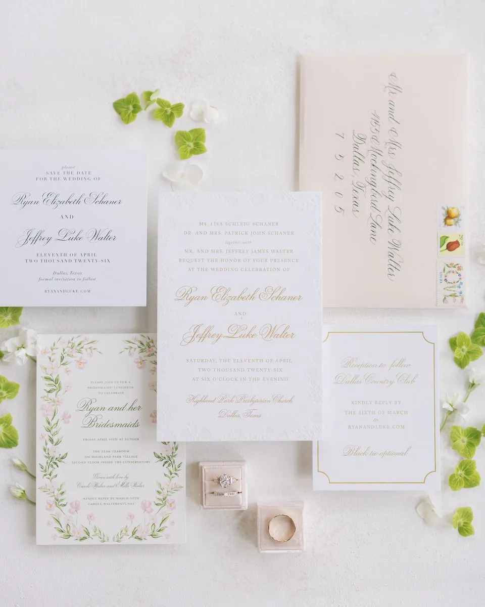 Walter suite flat lay: invitation system on plaster ground, Dallas, TX